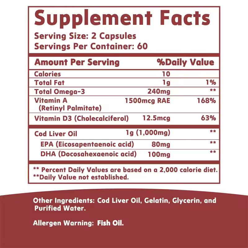 Cod Liver Oil Capsules Vitamins A & D and DHA Support Stress Relief, Strengthen The Brain, Bones,Improve Memory and Intelligence