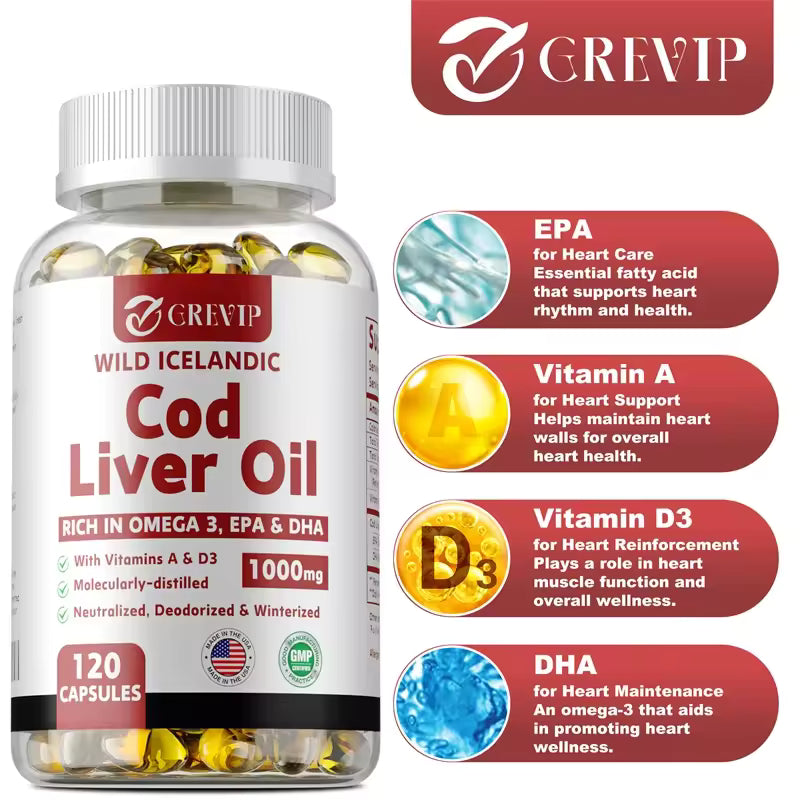 Cod Liver Oil Capsules Vitamins A & D and DHA Support Stress Relief, Strengthen The Brain, Bones,Improve Memory and Intelligence