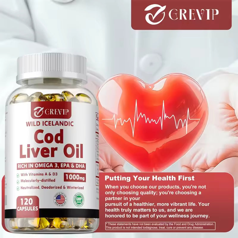 Cod Liver Oil Capsules Vitamins A & D and DHA Support Stress Relief, Strengthen The Brain, Bones,Improve Memory and Intelligence