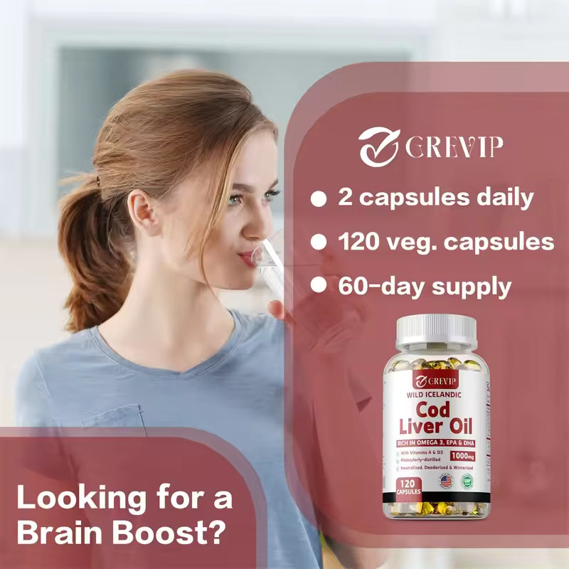 Cod Liver Oil Capsules Vitamins A & D and DHA Support Stress Relief, Strengthen The Brain, Bones,Improve Memory and Intelligence