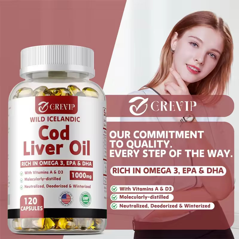 Cod Liver Oil Capsules Vitamins A & D and DHA Support Stress Relief, Strengthen The Brain, Bones,Improve Memory and Intelligence